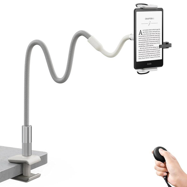 SAIJI Gooseneck Kindle Holder with Remote Page Turner, Tablet Holder for Bed, 100 cm Flexible Lazy Arm，Free Hands Kindle Accessories, Leather Tablet Stand for Reading in Bed, Gray
