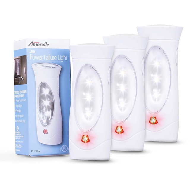 AMERELLE LED Emergency Lights for Home Power Failure, 3 Pack - Triple Function Power Failure Light and Plug in Flashlight Combo, with Rechargeable Battery - Be Snow Storm & Hurricane Ready (71134)