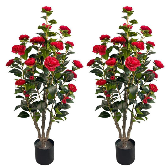 Alonfale 3.4ft Artificial Camellia Tree | Red Flowers & Green Leaves | Indoor Outdoor Decor, No Maintenance (2 Pack - Red)