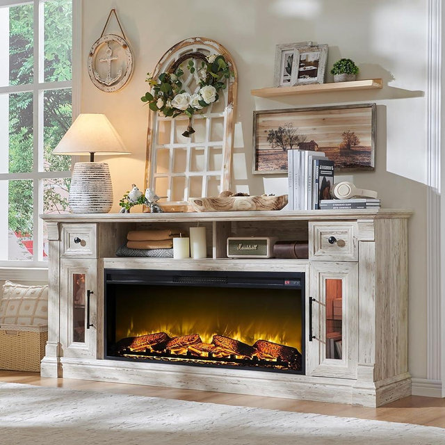 Farmhouse Fireplace TV Stand for 80" TV – Wood Entertainment Center with 42" Electric Fireplace, LED Lights, and Adjustable Storage for Cozy Living Room Ambiance, Antique Brush White Color