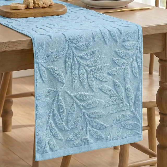 Artoid Mode Light Blue Soft Cotton Jacquard Leaves Spring Table Runner, Holiday Kitchen Dining Table Decoration for Home Party Decor 13x72 Inch
