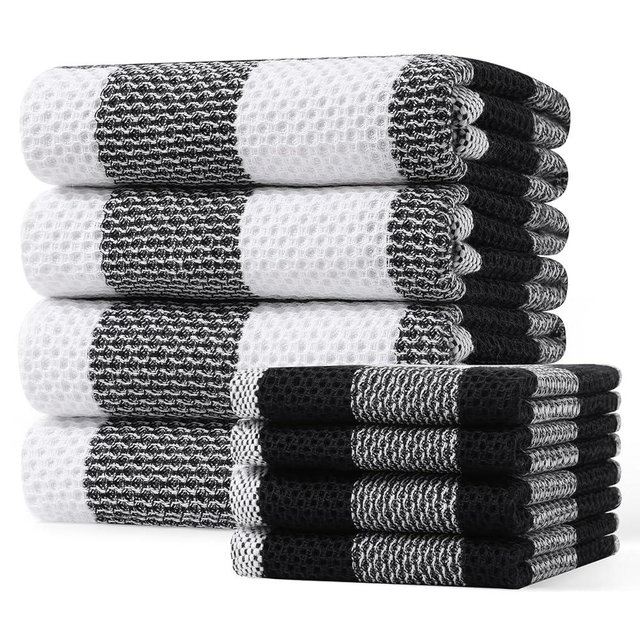 Homaxy Kitchen Towels and Dishcloths Set, 12 x 12 and 20 x 28 Inches, Set of 8 100% Cotton Waffle Weave Check Plaid Kitchen Dish Towels, Super Soft and Absorbent Dish Cloths, White & Black