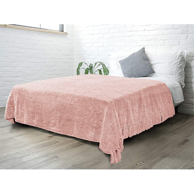 PAVILIA Chenille Tassel Fringe Throw Blanket | Velvety Texture Decorative Twin Size Blanket for Sofa Couch Bed | Soft Silky Cozy Lightweight Knitted Throw | Blush Pink 60 x 80 Inches