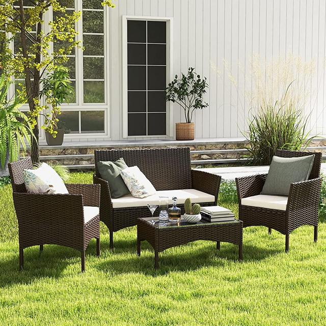 Patio Furniture Set 4 Pieces of Outdoor Furniture, Patio Table and Chairs with Thick Cushion Sectional Outdoor Sofa Couch Set, Manual Wicker Patio Conversation Set for Porch Backyard Lawn Garden Pool