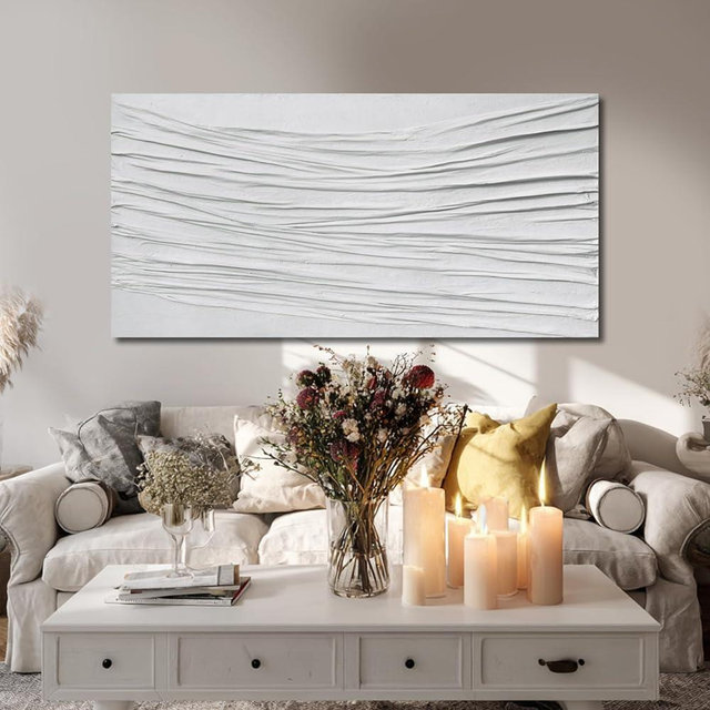 White Textured Abstract Wall Art Canvas 24x48 Inch, Hand Painted Minimalist Neutral 3D Plaster Style Artwork for Living Room Bedroom, Modern Large Canvas Wall Decor, Gallery Wrapped Ready to Hang