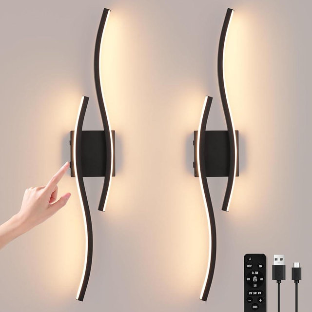 EIDEARAY Modern LED Wall Sconce set of Two, Battery Powered Wall Sconces set of 2 with Timer, Black Wall Light with Remote, LED Wall Lamp indoor not hardwired for Bathroom Living Room Bedroom Corridor