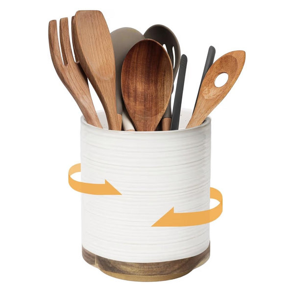 DOWAN 360° Rotating Extra Large Cooking Utensil Holder, 7.6" Kitchen Utensil Holder for Countertop, Utensil Crock for Farmhouse Kitchen Decor, Ceramic Stable Utensil Caddy, Soft White