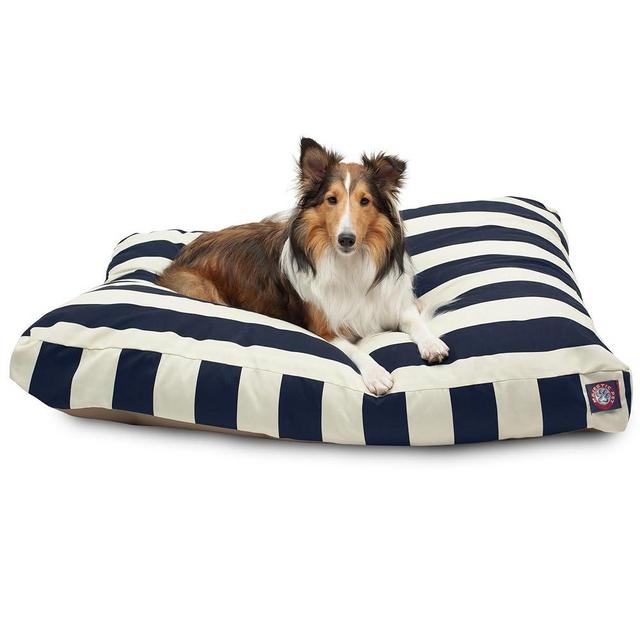 Majestic Pet Shredded Memory Foam Dog Bed Large with Removable Washable Cover 44x36x5 Inch - Rectangle Orthopedic Dog Bed for Senior Dogs–Flat Durable Dogs Crate Bed - Vertical Stripe - Navy Blue
