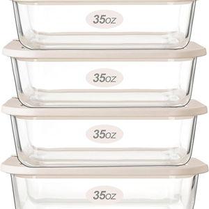 Urban Green Glass Food Storage Containers with Glass Lids, Microwave Safe Food Container Set, Airtight Food Container Set, LeakProof, 100% Plastic Free, White Color, 4pack