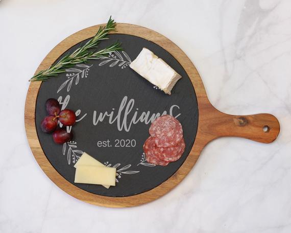 Custom Round Cheese Board, Charcuterie Board, Slate Meat and Cheese Gift, House Warming, Wine Lover, Anniversary, Wedding Gift for Couple