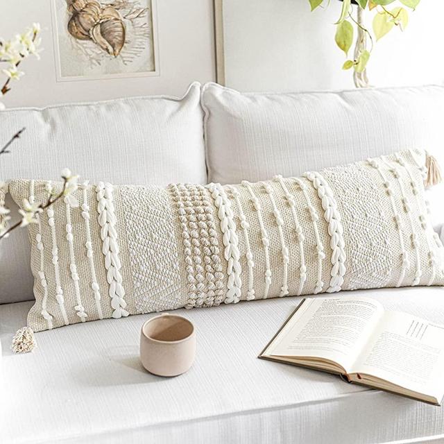 BLISSBLUSH White Cream Boho Lumbar Throw Pillow Case 14x36 inch, Neutral Body Pillow Cover, Bohemian Woven Textured Lumbar Pillow Cover, Sofa Couch Bed Farmhouse Pillow (Cover ONLY, 14X36 INCH)