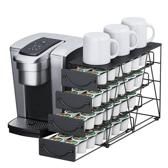 HFHOME Coffee Pod Holder For Counter, Pod Holder for K-cups, 4-tier Metal Coffee Capsule Storage Drawer, 56 Capacity Pods Organizer for Cafe Counter, Home, Office or Kitchen, Black