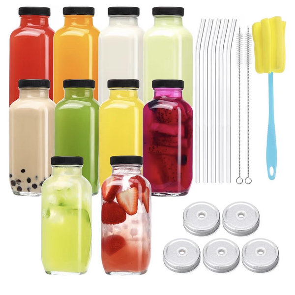CUCUMI 10pcs 16oz Glass Juice Bottles with Lids, Reusable Juice Containers Drinking Jars Water Cups with Brush, Glass Straws, Lids with Hole 10pcs, with Lids, Reusable, Juice Containers, Drinking Jars, Water Cups