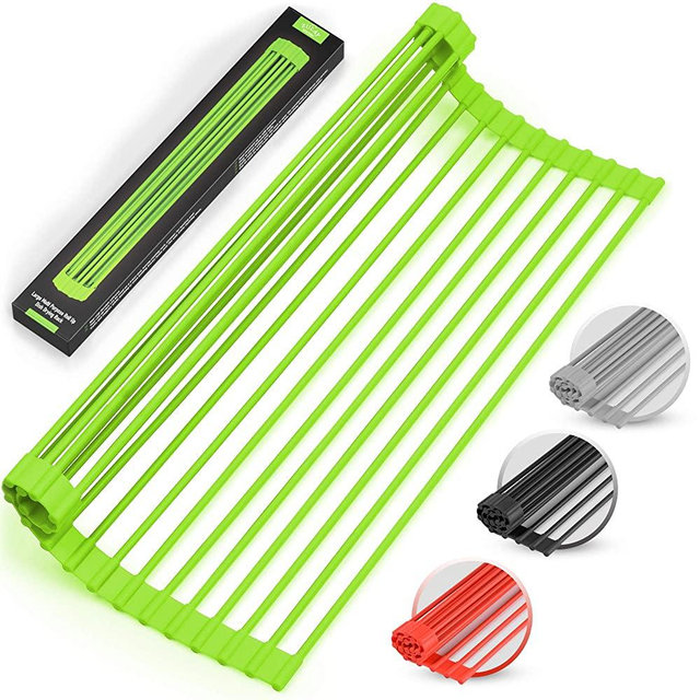 Large 20.5" Multipurpose Roll Up Dish Drying Rack & Trivet - Heavy Duty, Silicone-Coated Stainless Steel Roll Up Rack, Rolls Out Over any Sink - Versatile Roll Up Sink Drying Rack by Zulay (Green)