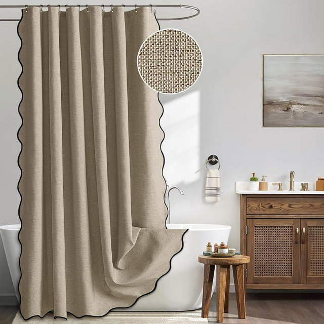 MIULEE Khaki Scalloped Shower Curtain Linen Textured with 12 Metal Hooks Cute Heavy Duty Washable Waterproof Thick Cloth Shower Curtains with Black Border for Bathroom Hotel Bathtub,W72*L72