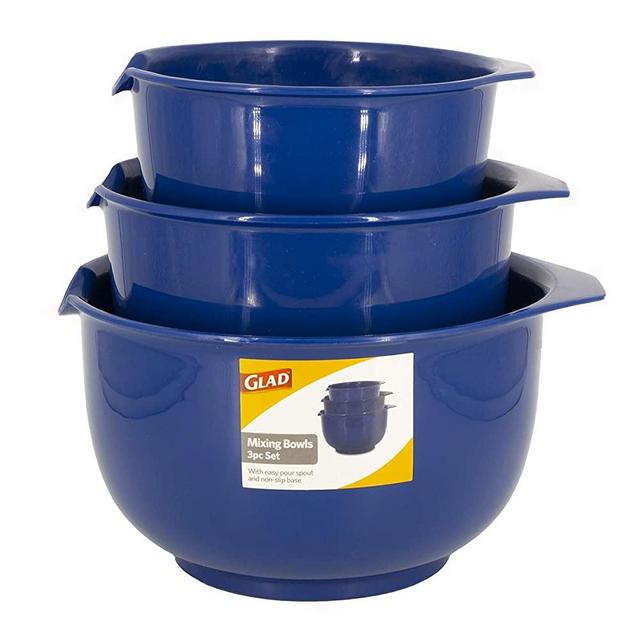 Glad Mixing Bowls with Pour Spout, Set of 3 | Nesting Design Saves Space | Non-Slip, BPA Free, Dishwasher Safe | Kitchen Cooking and Baking Supplies, Blue