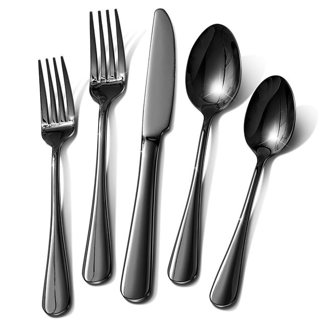30 Piece Black Silverware Set, Ollex Flatware Set for 6 Food-Grade Stainless Steel Cutlery Utensils Include Spoon Knife Fork Mirror Polished for Home, Party, Wedding, Dishwasher Safe