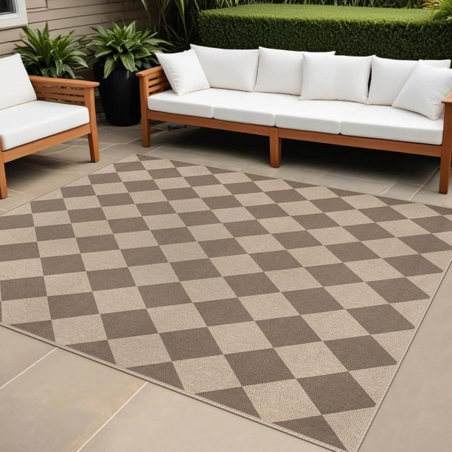 Rugalia Easy Jute Brown Checkered 5x7 Area Rug, Washable Modern Rugs for Living Room Non-Slip Diamond Bedroom Rug, Neutral Farmhouse Indoor Outdoor Carpet for Patio Dining Room Classroom