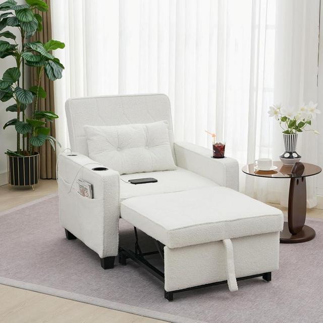 EVEVMINM Chair Bed, 3-in-1 Convertible Sofa Chair, Fleece Fabric Sleeper Chair, Adjustable Backrest Pullout Bed Chair with USB & Type C Port, Recliner Couch for Living Room, Dorm, Apartment, White
