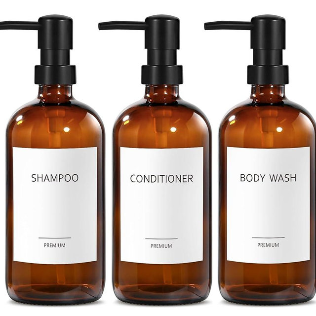 GMISUN Glass Shampoo and Conditioner Dispenser, Shower Soap Dispenser Bottles with Labels, Refillable Shampoo Conditioner Body Wash Dispensers, Amber Glass Soap Pump Dispenser Set for Bathroom Shower