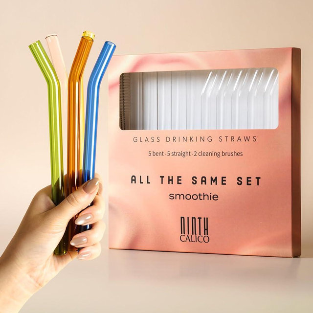 10-Pack Reusable Glass Drinking Straws – Colorful, Durable, Shatter-Resistant – Includes 5 Straight, 5 Bent Straws & 2 Cleaning Brushes – For Smoothies, Iced Coffee (Clear, Smoothie)