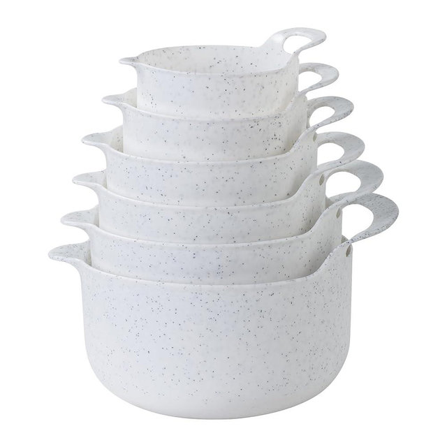 COOK WITH COLOR Non-Slip Mixing Bowls - 6 Piece Nesting Plastic Mixing Bowl Set with Pour Spouts and Handles-Measurement Markings (Speckled White)