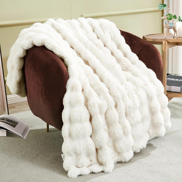 JONIYEAR Soft Fuzzy Bubble Faux Rabbit Fur Throw Blanket for Couch 50" x 60", Double Sided Textured Warm Fluffy Blanket for Winter, Luxury Cozy Puffy Shaggy Comfy Furry Blankets for Couch, Cream White
