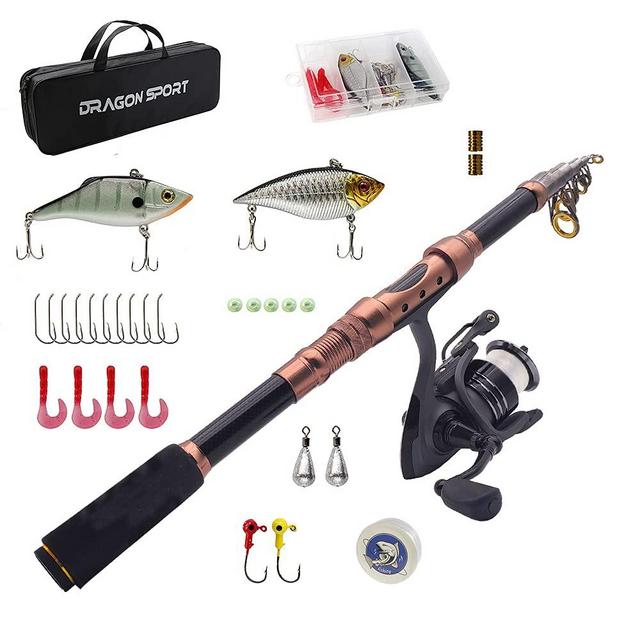 DRAGON SPORT Telescopic Fishing Rod and Reel Combos Full Kit Fishing Accessories with Spinning Reel, Line, Lure, Hooks and Bag, Fishing Gear Set for Beginners Adults Freshwater Saltwater