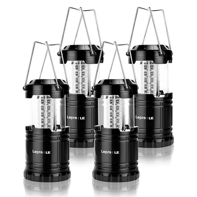 Lepro LED Camping Lantern, Super Bright, Battery Powered, IPX4 Water Resistant, Portable Emergency Lights for Hurricane, Storms, Outages, Collapsible, 4 Packs