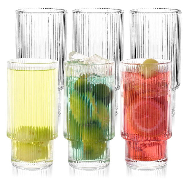 Hyglazelle 6 Pack Ribbed Drinking Glasses, 12oz Vintage Textured Clear Striped Drinking Glasses Sets for Tea, Iced Coffee, Whiskey, Cocktail, Juice