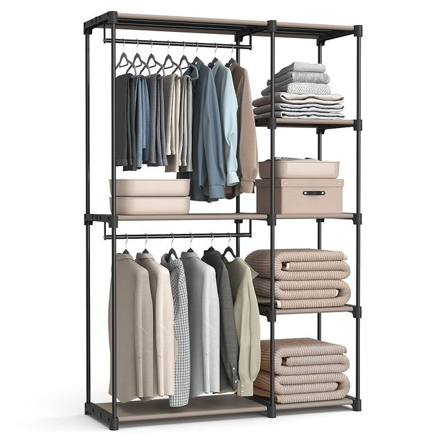 SONGMICS Portable Closet, Freestanding Closet Organizer, Clothes Rack with Shelves, Hanging Rods, Storage Organizer, for Cloakroom, Bedroom, 48.8 x 16.9 x 71.7 Inches, Taupe URYG026R02
