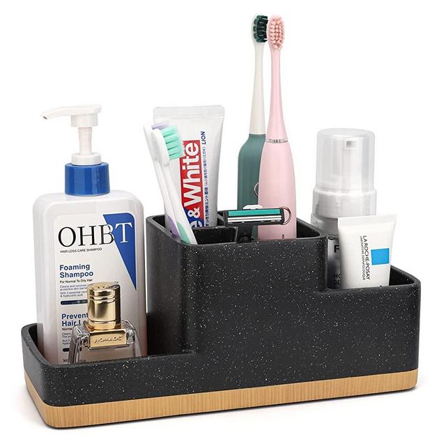 Toothbrush Holder for Bathroom, YMWVH Bathroom Organizer Countertop, Rectangle 5 Compartment Bathroom Accessories Storage for Toothpaste/Shaver and Other Items (Black)