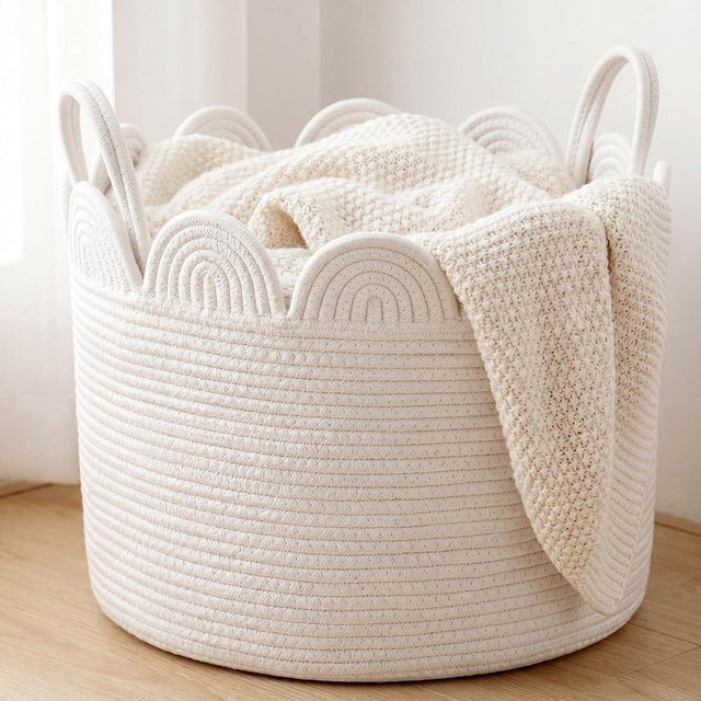 LemonRoad White Round Basket Large Blanket Basket 15.8" L X 15.8" W X13.8" H Scalloped Woven Baskets Cotton Storage Baskets for Nursery Classroom Closet Blankets Storage Home Decor