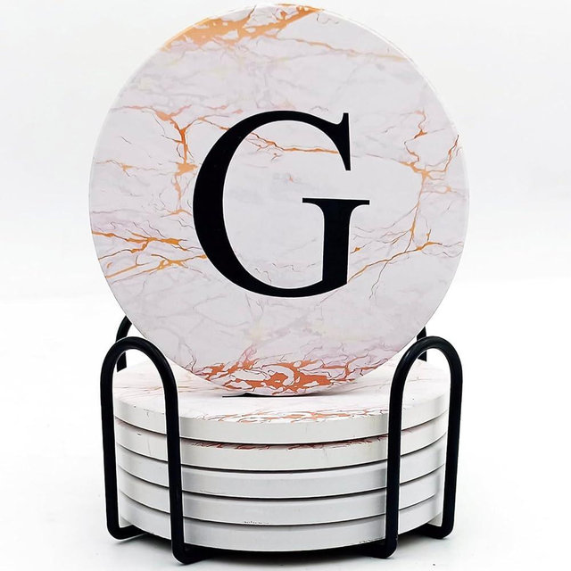 Monogrammed Coasters for Drinks Absorbents with Holder, Set of 6 Ceramic Drink Coasters for Coffee Table,Personalized Coasters Customizable with Name,Initial Letter G