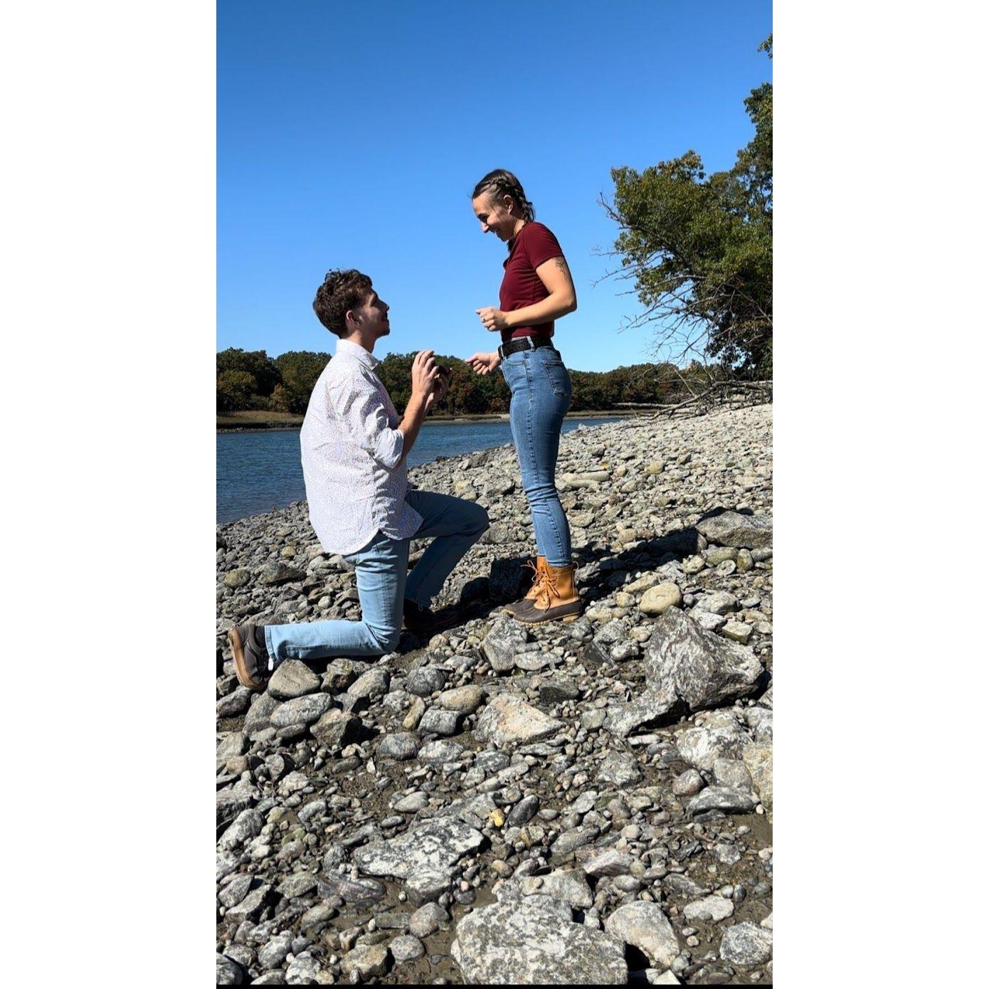 "The big day! Leandra and I went back to the spot at ENC where we first met three years before. After visiting that spot, we went on a nature walk by the shore where I proposed" -A