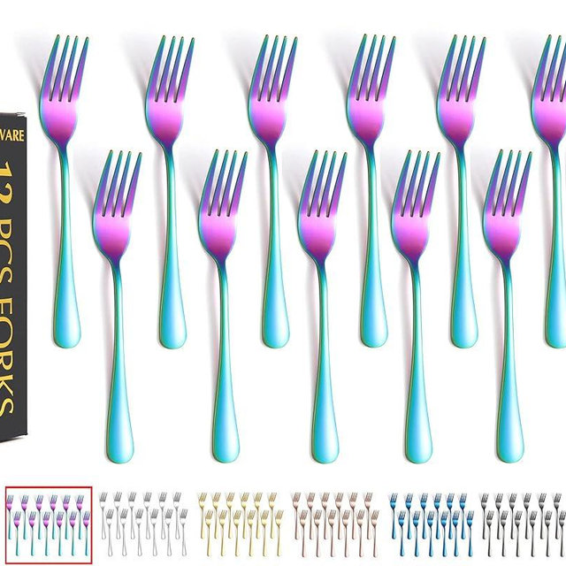 Rainbow Fork Set Of 12 Pieces, Iridescent Silverware Salad Forks, Stainless Steel Cutlery, KITWARE Kitchen Utensils, New Appartment Essential Tableware