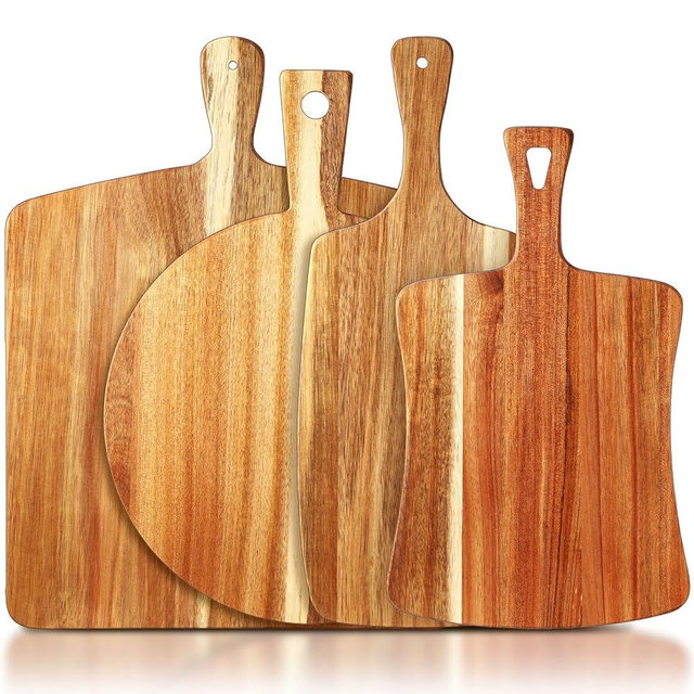 Silifine Set of 4 Thick Acacia Wood Cutting Boards with Handles, Assorted Sizes Large Charcuterie Boards, Butcher Block Serving Tray for Cheese, Meat, Pizza, Vegetables, Bread, Kitchen Dining Room
