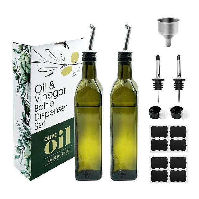 Olive Oil Dispenser Bottle Set of 2 With Wood Tray 17 Oz Glass Oil and Vinegar Dispenser - Stainless Steal Pourers - Funnel - Dust Caps - Oil Bottles for Kitchen Dark Green Olive Oil Bottle Oil Pourer