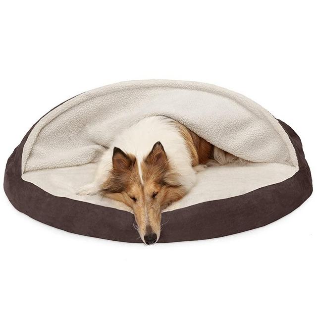 Furhaven Pet - Round Snuggery Hooded Dog Bed with Attached Blanket, Calming Anti-Anxiety Hooded Donut Bed, and More for Dogs and Cats - Multiple Colors, Sizes, and Styles