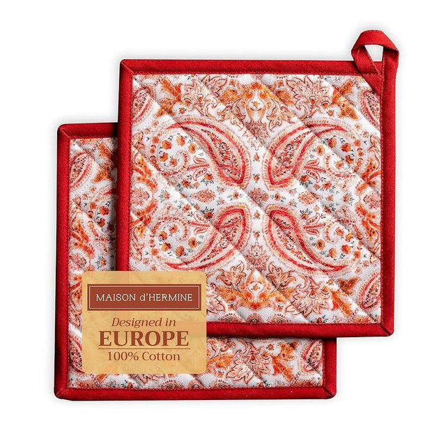 Maison d' Hermine Pot Holders Set 100% Cotton Heat Resistant Potholders 8" x 8" Hot Pads with Loop BBQ, Cooking, Baking, Grilling, Kitchen, Handling Hot Pans (Pack of 2, Orient)