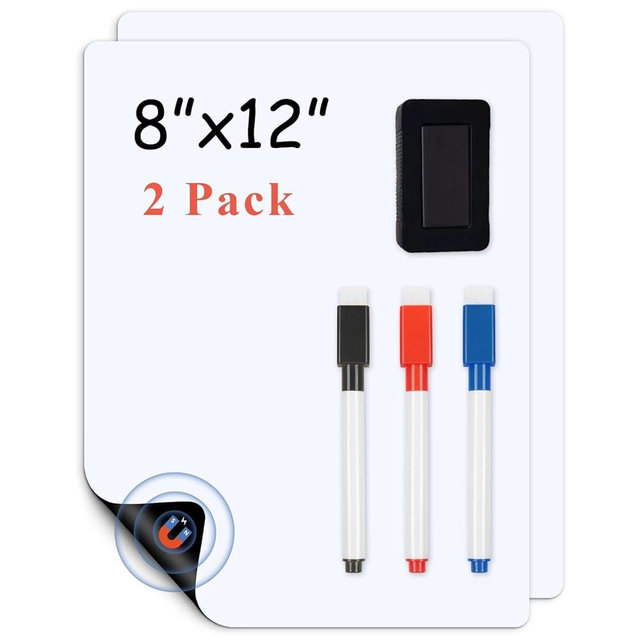 LYZZXI Magnetic Fridge White Board Paper, 8" x 12" 2 Pack Small Dry Erase Board Sheet for Organizer and Planner, Kitchen Refrigerator Whiteboard for Family to-do List, Includes Markers and Eraser