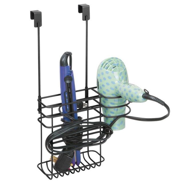 mDesign Metal Over Door Hair Care & Styling Tool Storage Organizer Basket for Hair Dryer, Flat Iron, Curling Wand, Hair Straightener, Brush - Hang Inside or Outside Cabinet Doors, 2 Sections - Black