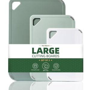 THETCHRY Plastic Cutting Board Set of 3-Cutting Boards for Kitchen BPA Free, Large-Small Chopping Boards Non-Slip for Cooking Camping Dishwasher Safe, Reversible, with Grip Handle, 15"×10"×0.25" Green