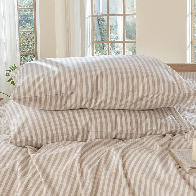 MooMee Bedding Pillowcases Striped Pack of 2 100% Washed Cotton Linen Like Textured Breathable Durable Soft Comfy (Tannish Linen Grey White Classic Stripes, Standard)