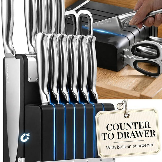 German Stainless Steel Kitchen Knife Block Set with Built-in Sharpener - 2-in-one Space Saving Magnetic Countertop and Knife Drawer Organizer with Stainless Steel Knives, Ideal Gift