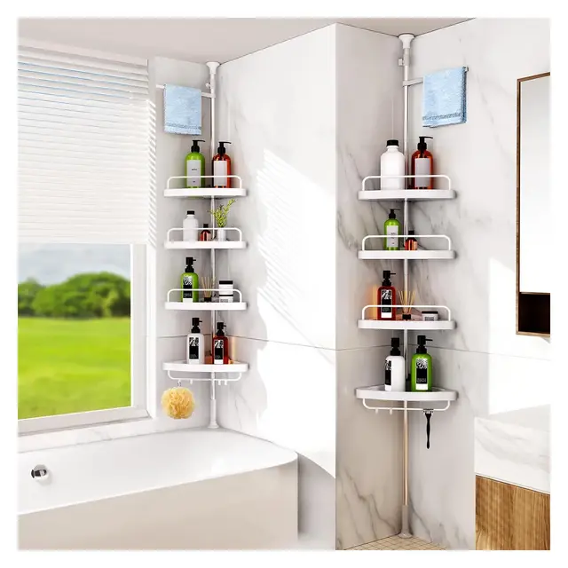 HAMITOR White Corner Shower Caddy, 4-Tier No-Drill Organizer with ABS Baskets, Adjustable 55-122 Inch Tension Pole, Stainless Steel Bathroom Storage.
