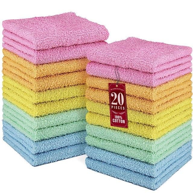 DecorRack 20 Pack 100% Cotton Wash Cloth, Luxurious Soft, 12 x 12 inch Ultra Absorbent, Machine Washable Washcloths, Assorted Colors (20 Pack)