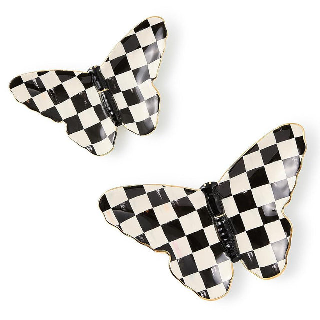 MACKENZIE-CHILDS Set of 2 Ceramic Trinket Dishes, Decorative Bowls and Jewelry Holders, Black-and-White Courtly Butterfly