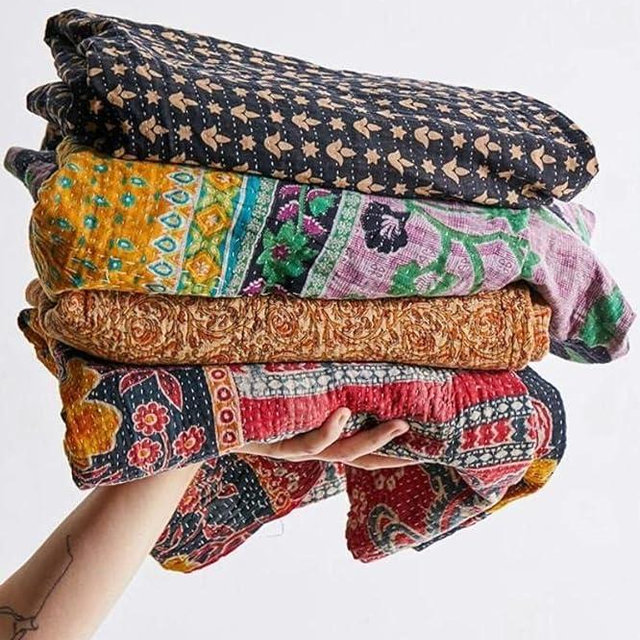 Royal Craft Indian Vintage Kantha Quilt Handmade Throw Reversible Cotton Blankets 1 Quilt Assorted Colors RCKQT0096 RCKQT0096 55X85 Inches