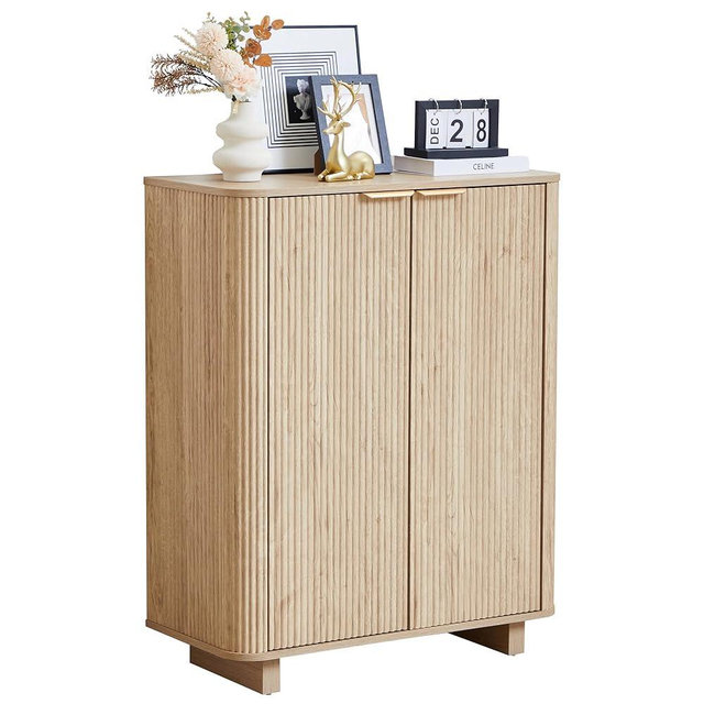 affeivul Fluted Entryway Shoe Storage Cabinet with Doors, 5 Tier 39'' Tall Freestanding Modern Shoe Rack Organizer Cabinet with 3 Adjustable Shelves for Hallway, Foyer, Entrance, MDF - Natural